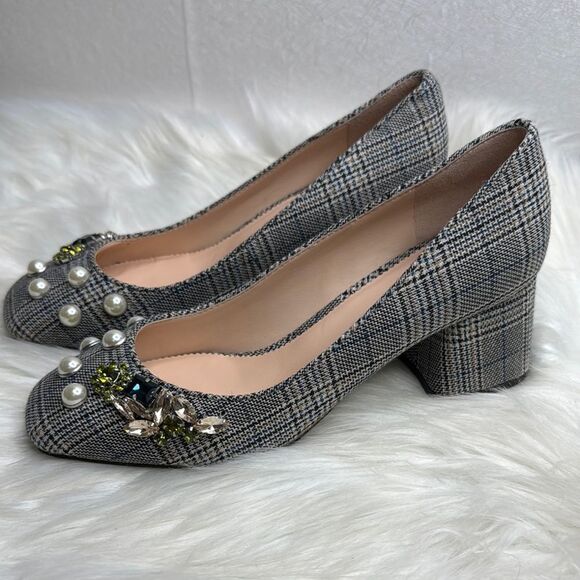 J. Crew Celia Glen Plaid Jeweled Pearl Block Heel Pump 7 - Picture 2 of 6